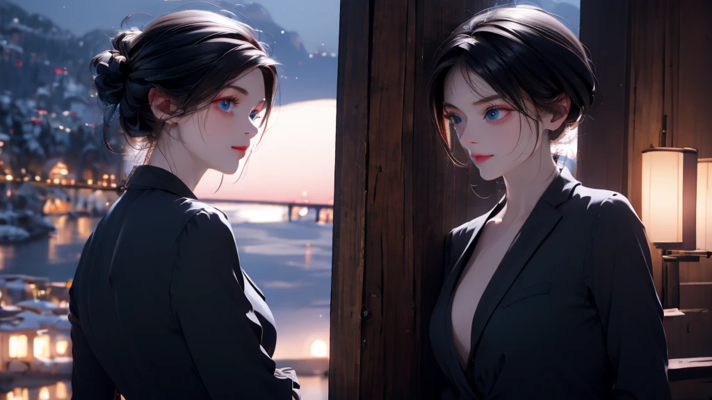 1 girl, medium light black hair, light blue eyes, wearing black suit, night city, 18+ , high res, ultrasharp, 8K, masterpiece, looking from behind