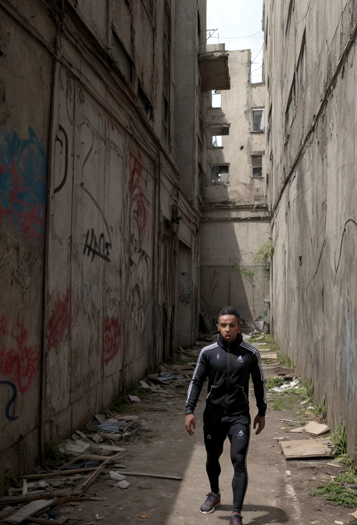 "Design a scene depicting a determined athlete training in a decaying urban area.. The concentration and perseverance of the athlete must contrast with the dilapidated environment., simbolizando la esperanza y la resiliencia ante la adversidad.. Add elements such as motivational graffiti and spectators inspired by the athlete's dedication.."