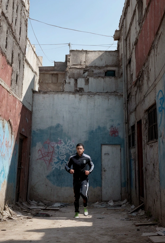 "Design a scene depicting a determined athlete training in a decaying urban area.. The concentration and perseverance of the athlete must contrast with the dilapidated environment., simbolizando la esperanza y la resiliencia ante la adversidad.. Add elements such as motivational graffiti and spectators inspired by the athlete's dedication.."