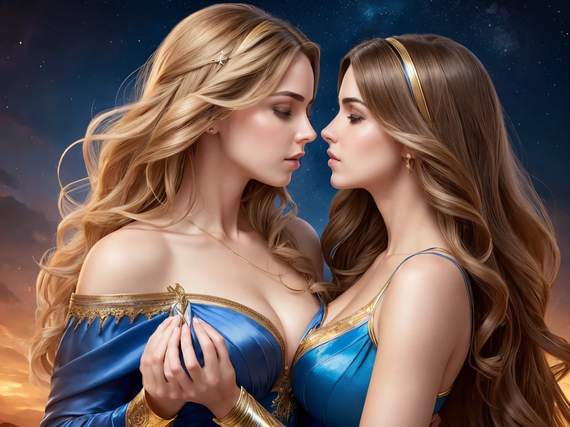 (masterpiece, best quality:1.5), Beautiful realistic photo, full body photographed, foto realista, (Correct anatomy of the hands), Girl 20 years old, with blonde hair, Dressed in a blue dress, hair light, beautiful face, With clean skin, detailing, Correct anatomy of the hands; beautiful face, Clean skin, In the background is a cosmic sky with stars, romance novel cover, Genre Photography Beautiful Realistic Photography, hair light, beautiful face, Clean skin, romance novel cover, romance book cover, Romantic Fantasy, Book Cover Style, novel, Cover of the novel, Gender portrait, BREAK, (perfect anatomy:1.2), (two fantastic woman is deeply in love with each other:1.5), (kiss:1.2)