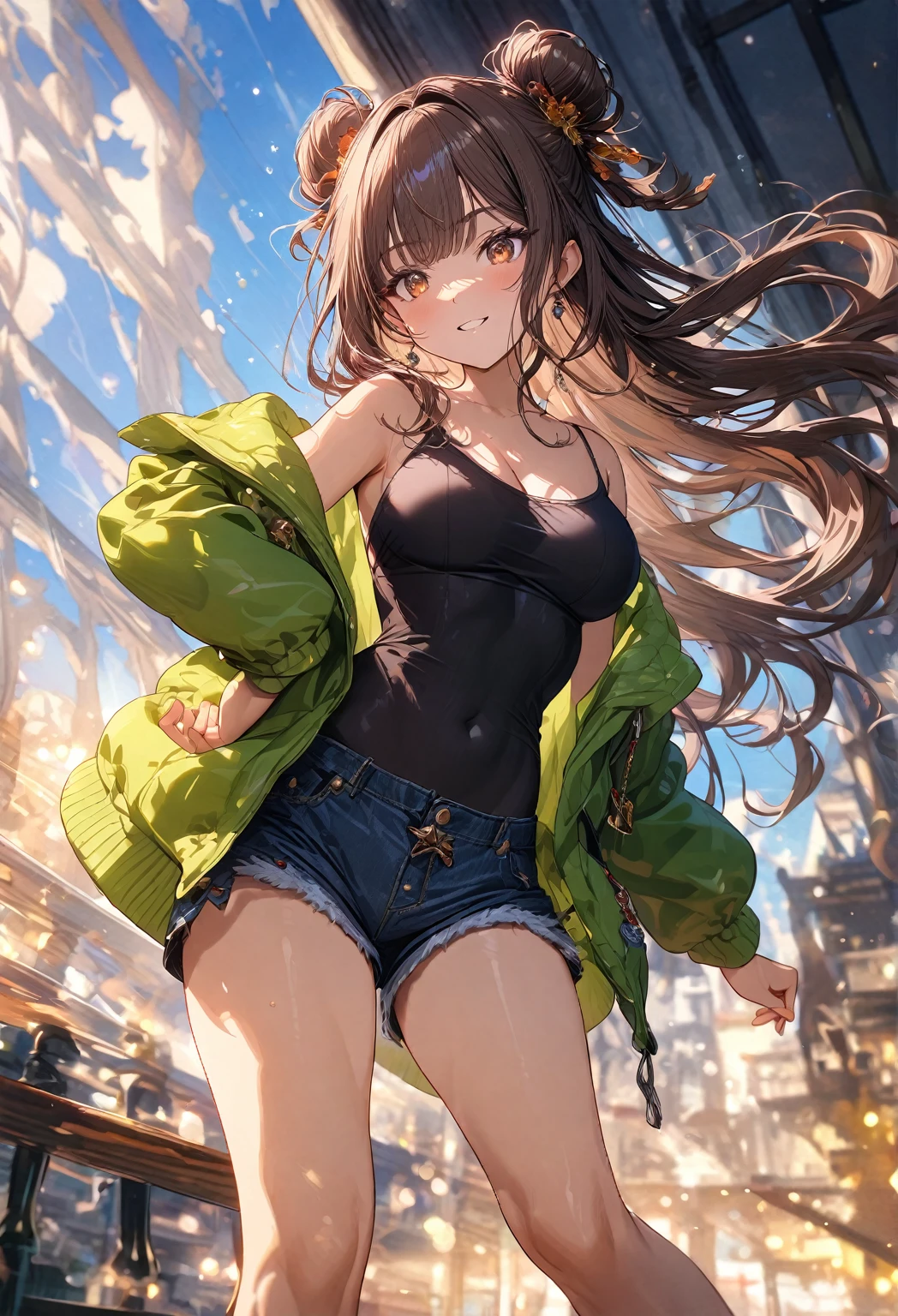 ((masterpiece:0), best quality, very aesthetic, newest, absurdres, detailed, high quality)
BREAK
highest quality, top quality, details, highres, ultra fine painting, digital art, official art, cinematic, 4k, 8k resolution, 8K CG wallpaper, CG, original artwork, detailed background, High Dynamic Range, blurry background, golden hour, blue hour, Starburst effects, crepuscular rays, good ISO, high resolution, wide shot, from far away, epic lighting, RAW photo, POV, sharp focus, lens flare, light reflection, reflections, light source, intricate details, hard light, particle noise, professional photography, bokeh, depth of field, good lighting, hard colors, looking away, detailed lights and shadows, stylish, ultra-detailed, Pixiv, trending art, niji style, modern-days, master crafted, pose
BREAK
solo, 1girl, a girl, correct fingers, detailed eyes, (medium big breasts:1.2), big thighs, short torso, short body, flushtered smile, warm happy expression, casual, (cute, slim), childish face, nice hips, nice body, brown hair, (long flowing hair:1.1), big 2 buns hairstyle, long bangs, long hair, middle hair bangs, brown eyes, dynamic pose, full body
BREAK
(black string tank top, off shoulder open green hoodie, tummy skin:1.1, open unbuttoned shorts, outfit ornaments)
BREAK