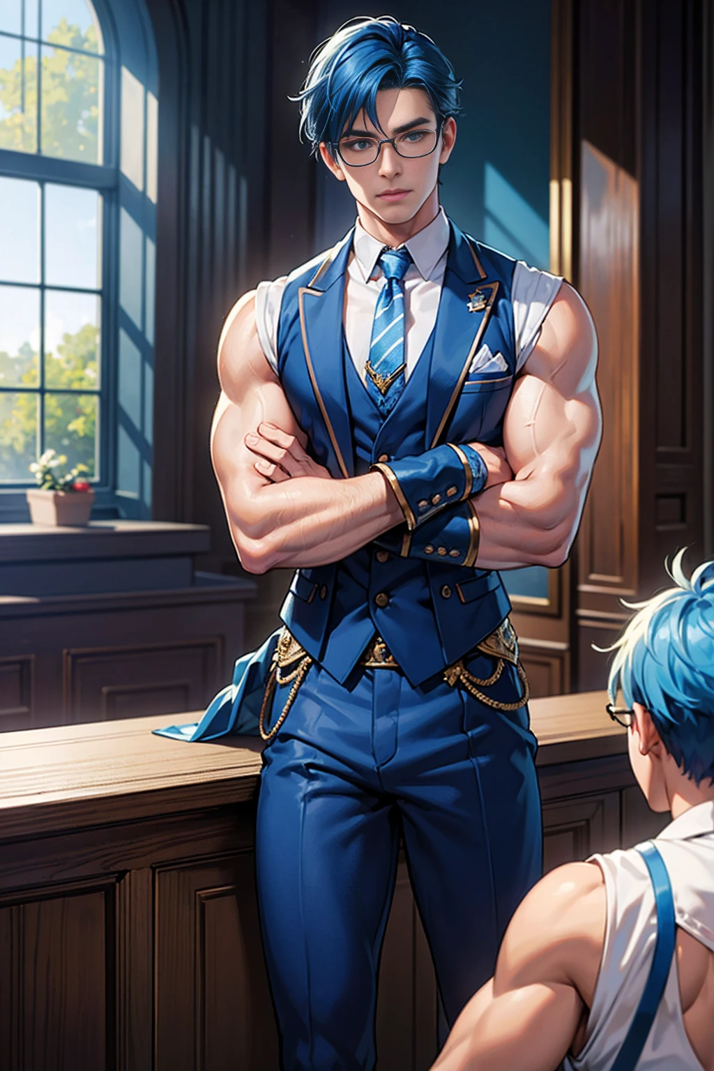 realistic, masterpiece, intricate details, detailed background, depth of field, muscular, Photo of a handsome American magician,american man, 25 years old,Wear a white sleeveless jacket with blue stripes.,Wear Blue shorts,Water spell,Blue Hair Color,Bro Flow Hair Style, white skin, sexy muscular,Standing in a magic classroom,Wear glasses