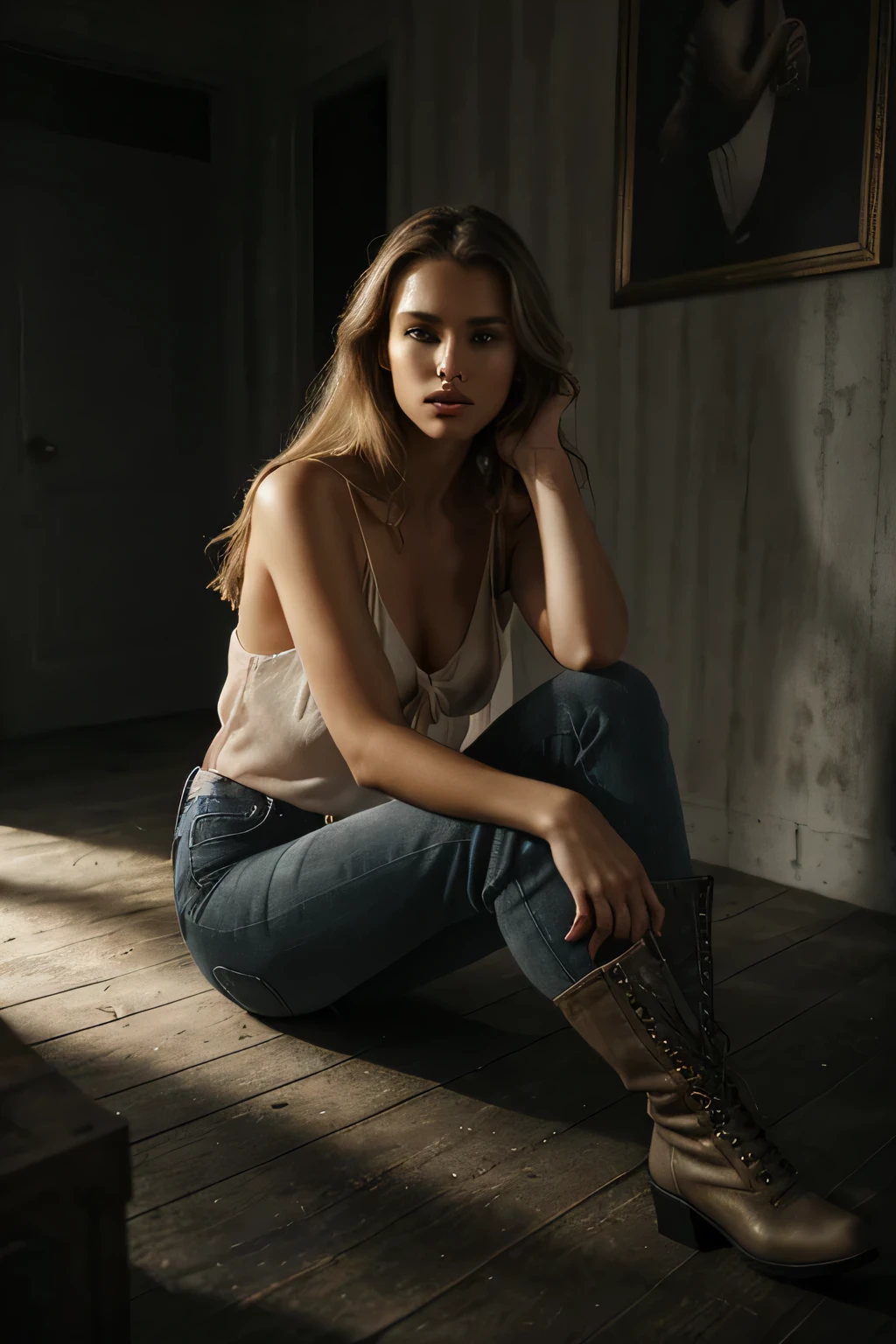 woman, a striking 22-year-old American model with light brown hair , wavy hair, 172 height, full body photo, mix face veronika bielik, danusia draghici face, cute faces, girlfriend, blonde and attractive features, (Suspense Scene ((Concept Art)), Highly detailed image of a girl in jeans and high boots, wearing a tied strech blouse shoulderless), (Better lighting, Better Shadows, Very delicate and scary), (digital illustration), ((4K Painting)), [(Dynamic Angle,((One girl)),Gray Hair, (Beautiful Face, Perfect Face, Scared,) Expressions of peace, Torn clothes, Sitting on the floor, darkness, Scary House), [:(dark, Mysterious, Game Paint, An ominous setting, Jagged Hallway, Big House, Deathly Silence):]
no jewelry, post apocalyptique, reading a book