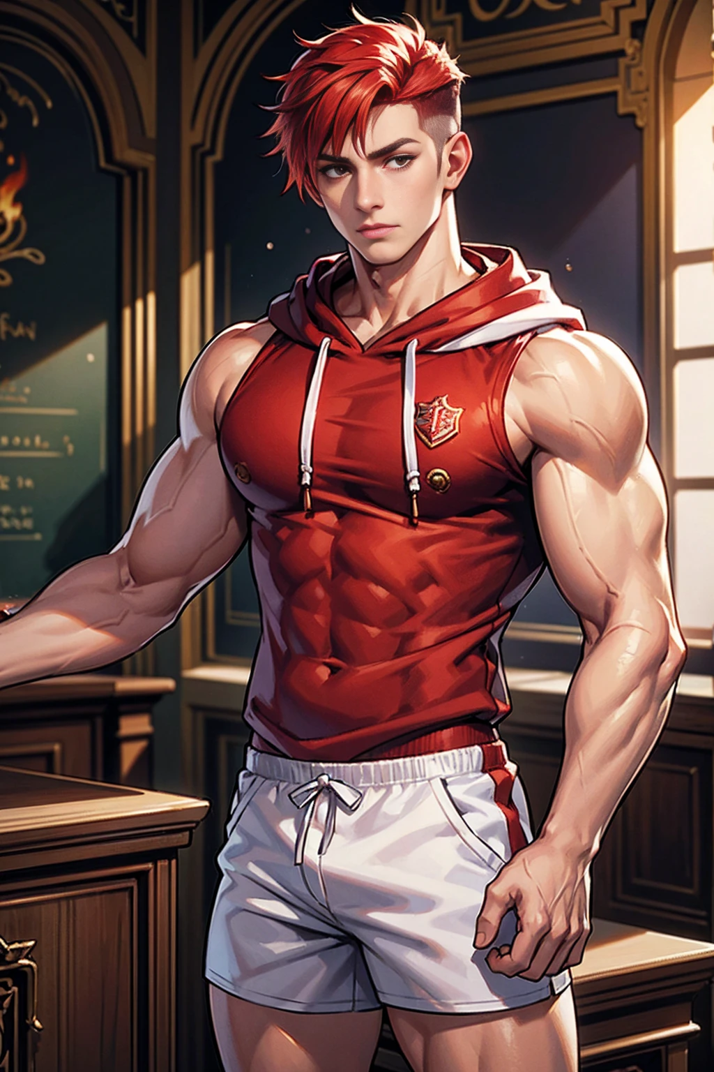 realistic, masterpiece, intricate details, detailed background, depth of field, muscular, Photo of a handsome American magician,american man, 25 years old,Wear a red sleeveless hoodie.,Wear white shorts,Fire spell,Red Hair Color,Undercut Hair Style, white skin, sexy muscular,Standing in a magic classroom