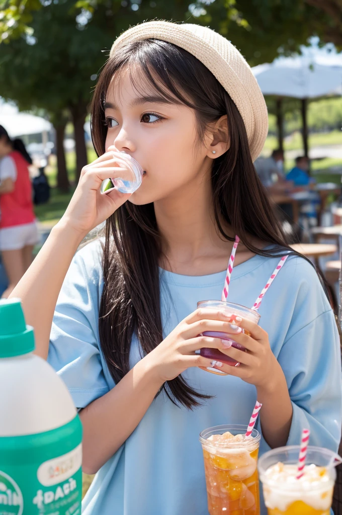 A girl drinking water from a plastic bottle with relish