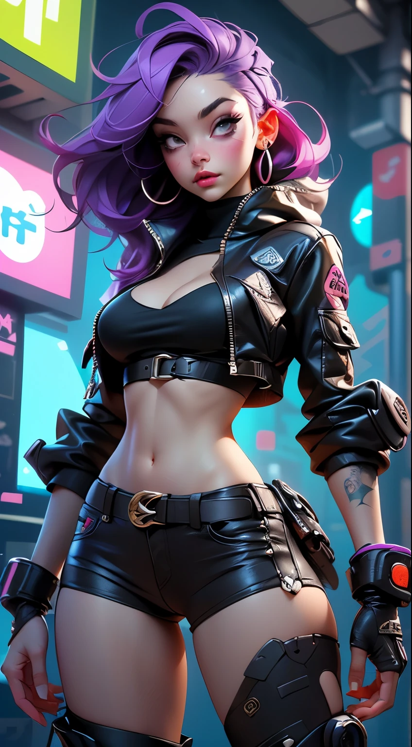 ((Best Quality, best resolution, award-winning portrait, official art)), ((perfect Masterpiece)), ((Realistic)) and ultra-detailed photography of a 1nerdy cyberpunk girl with goth and post apocalyptic colors. She has ((long purple hair)), wears a (Harajuku-inspired cyberpunk tech-wear top) and a (Harajuku-inspired cyberpunk tech-wear bottom:1.2) , ((the most beautiful and sexy aesthetic)), sexy, super huge enormously gigantic , cleavage showing, hot, sexy, seductive, slutty