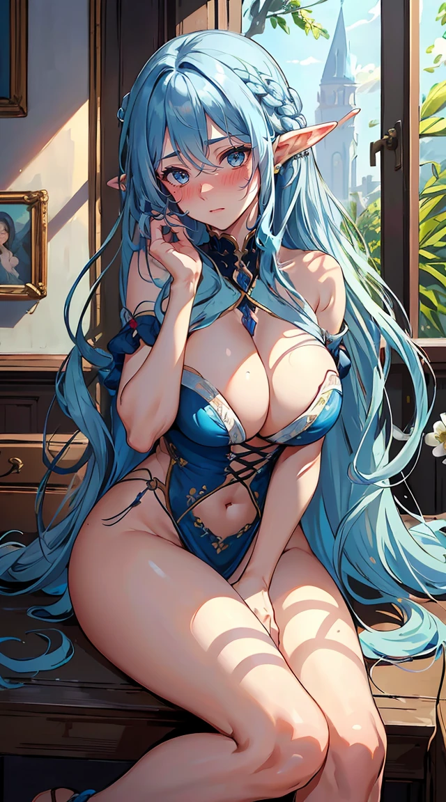 handsome mature woman，Long wavy BLUE hair，Hyperresolution，accuracy，Detailed rendering，（Subtle facial image）（Image of fine hair）（topquality）（Masterpieces of masters）（High degree of completeness）（A sense of atmosphere）tmasterpiece，Super detailed and super detailed（half-body portrait）((Masterpiece, Highest quality)), Detailed face, CharacterDesignSheet, full bodyesbian, Full of details, Multiple poses and expressions, Highly detailed, Depth, Many parts，Beautiful，Extremely beautiful，High Balance, Natural light, drawn art style, elven ears, naked, large breasts, bigger breasts, medium blue hair, curly hair down to ankles, ankle length hair, (((Ankle length hair))) (((thick hair))) (((Blushing))) 