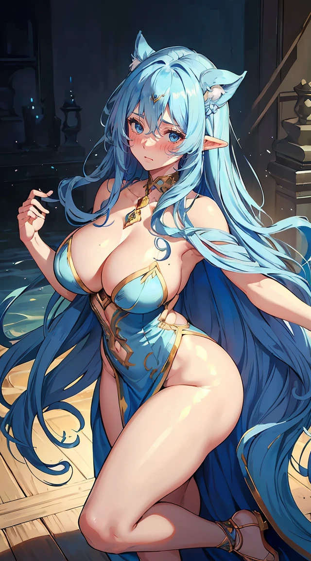 handsome mature woman，Long wavy BLUE hair，Hyperresolution，accuracy，Detailed rendering，（Subtle facial image）（Image of fine hair）（topquality）（Masterpieces of masters）（High degree of completeness）（A sense of atmosphere）tmasterpiece，Super detailed and super detailed（half-body portrait）((Masterpiece, Highest quality)), Detailed face, CharacterDesignSheet, full bodyesbian, Full of details, Multiple poses and expressions, Highly detailed, Depth, Many parts，Beautiful，Extremely beautiful，High Balance, Natural light, drawn art style, elven ears, naked, large breasts, bigger breasts, medium blue hair, curly hair down to ankles, ankle length hair, (((Ankle length hair))) (((thick hair))) (((Blushing))) 