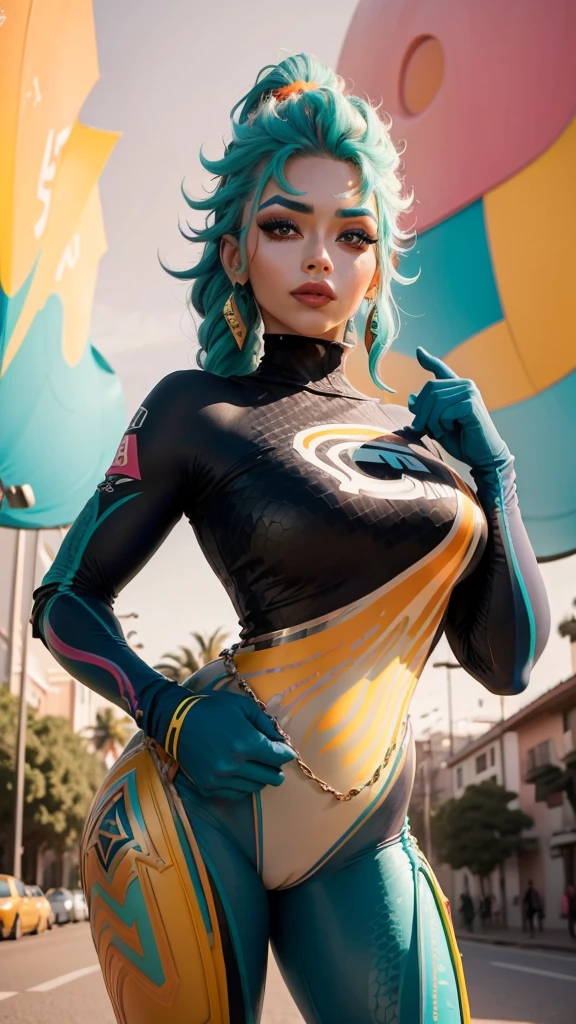 Una foto coloreada de una mujer con un maquillaje llamativo y un cabello de colores vivos, rodeada de elementos de la sociedad CG. En el fondo, you can see futuristic buildings and advanced technology, mientras que en primer plano, la mujer posa con una actitud desafiante. Vibrant pastel colors and pop art look give a unique touch to this colorful portrait.