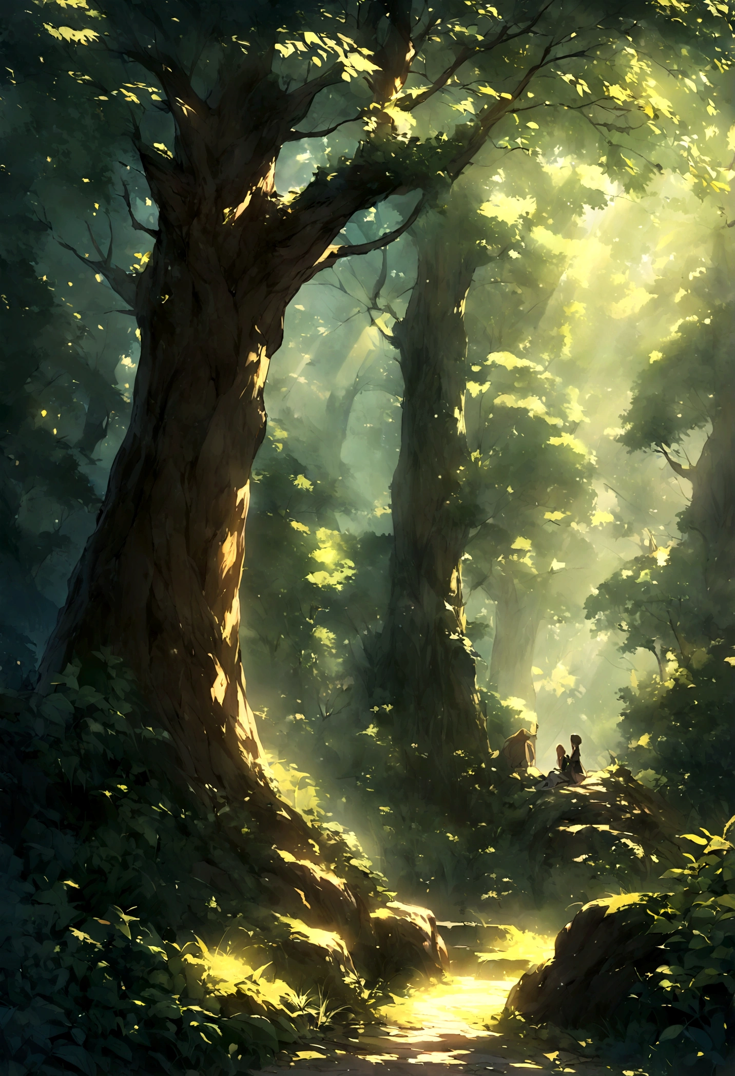 Amazing works of art,Ancient forest at dusk,The towering trees bathe in soft,The light shines through the leaves, peaceful