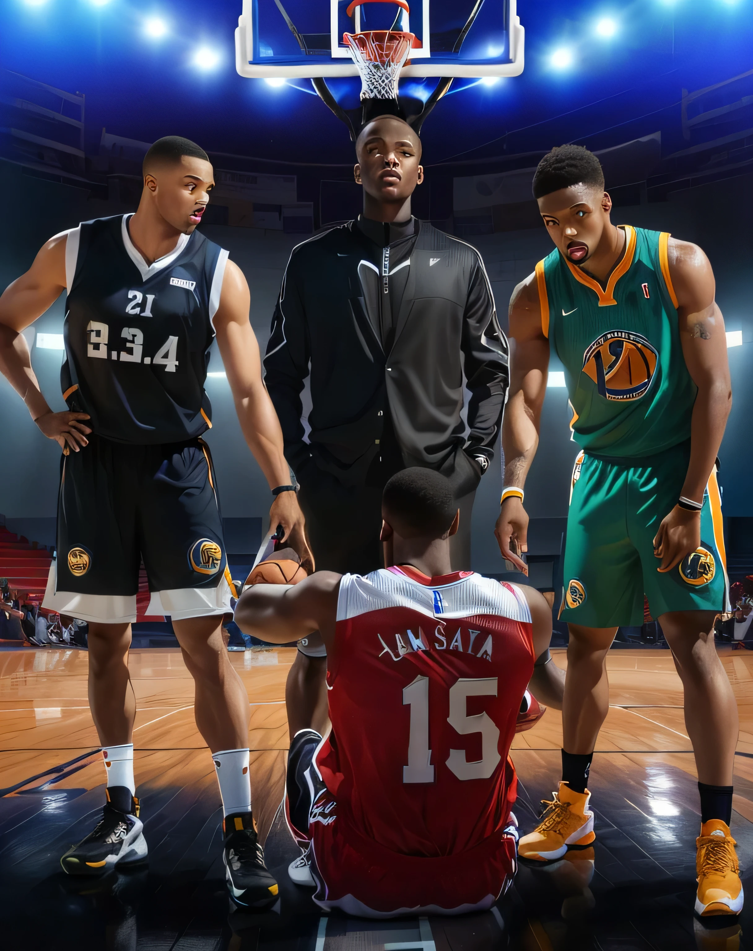 three basketball players are standing in a basketball court with a basketball hoop, wearing nba jersey, edited, full body in shot, full-shot, full - shot, cover shot, each wearing correct era clothes, nba, photo render, photo illustration, by John La Gatta, official photos, wearing basketball jersey, inspired by Joze Ciuha, portrait shot, biopic