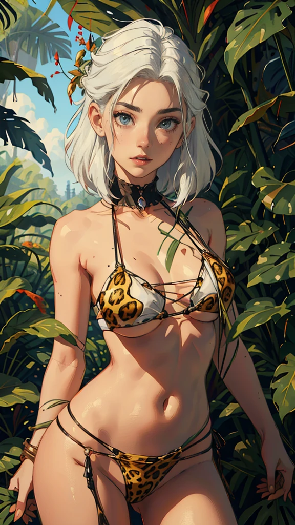 (Highly quality, masterpiece, detailed), Jungle detailed scenario, Jungle detailed background, 20 years old girl, solo, shantsd2023, 1 girl, loincloth, leopard print, white hair, toned, navel, perfect face, beautiful eyes, perfect eyes, looking at the viewer, Sexy pose