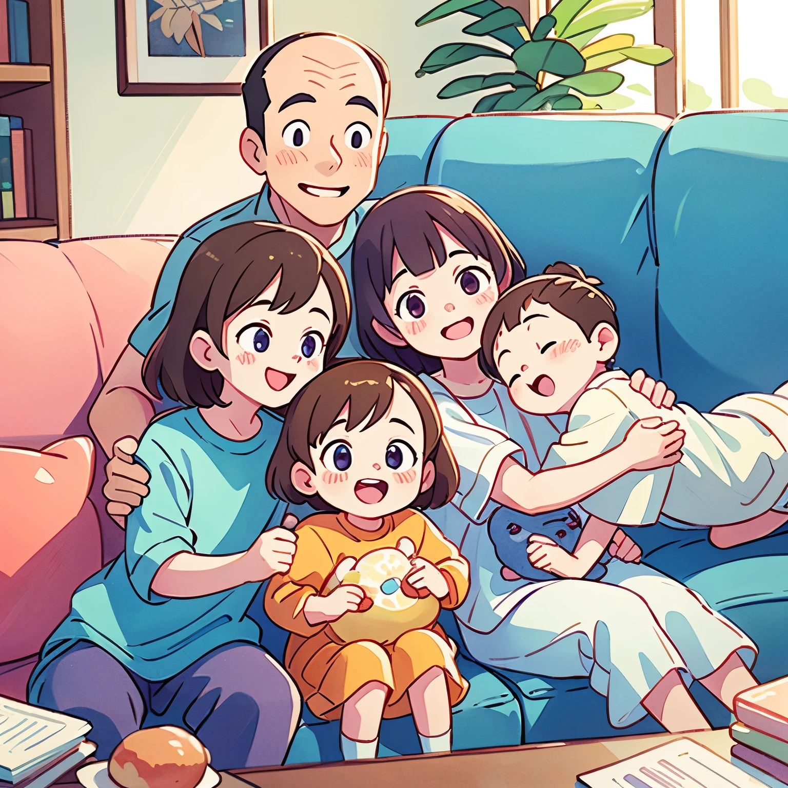 Four parents and children hugging each other and laughing on the sofa、Happy、Laughter


"(setting):(highest quality),(masterpiece),(detailed),(ultra detailed),(insanely detailed),(super high quality),(highly detailed),(Full HD)"
[(Pastel colors 0.6 Simili Impressions 0.5)]