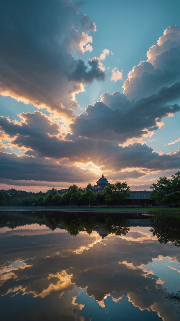 A hyper-detailed and realistic illustration in the style of Makoto Shinkai. Depict a serene urban scene reflected in a puddle after a rainstorm, with an emphasis on the impressive blue sky and dramatic clouds. The scene features buildings, power lines, and a solitary tree, all reflected perfectly in the puddle. The colors of the sunset are vivid, enhancing the surreal yet realistic atmosphere. The overall mood should evoke a sense of calm and nostalgia, with meticulous attention to the interplay of light and shadow, and the use of vivid colors to highlight the striking sky and clouds