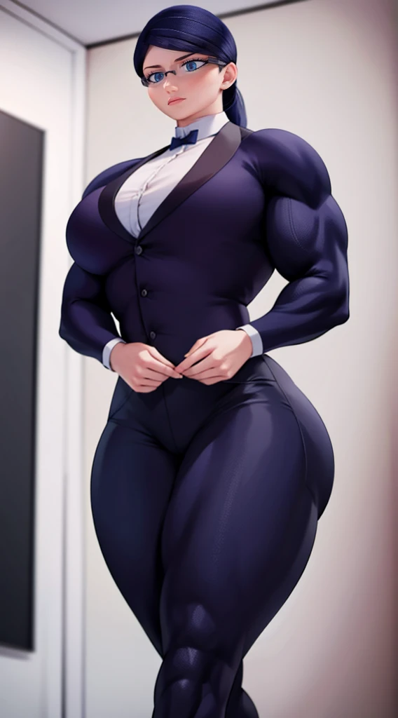 a muscular female bodybuilder in office suit, detailed face, beautiful detailed eyes, beautiful detailed lips, extremely detailed face and muscles, long eyelashes, strong muscles bulging through suit, dynamic pose, professional studio lighting, hyperrealistic, 8k, high quality, photorealistic, physically-based rendering, concept art, dramatic color palette