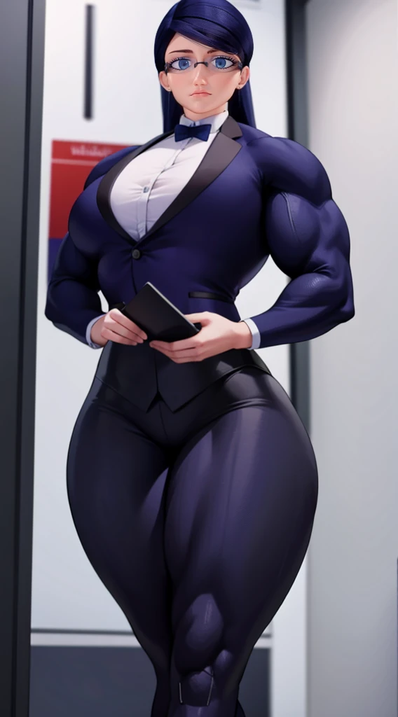 a muscular female bodybuilder in office suit, detailed face, beautiful detailed eyes, beautiful detailed lips, extremely detailed face and muscles, long eyelashes, strong muscles bulging through suit, dynamic pose, professional studio lighting, hyperrealistic, 8k, high quality, photorealistic, physically-based rendering, concept art, dramatic color palette