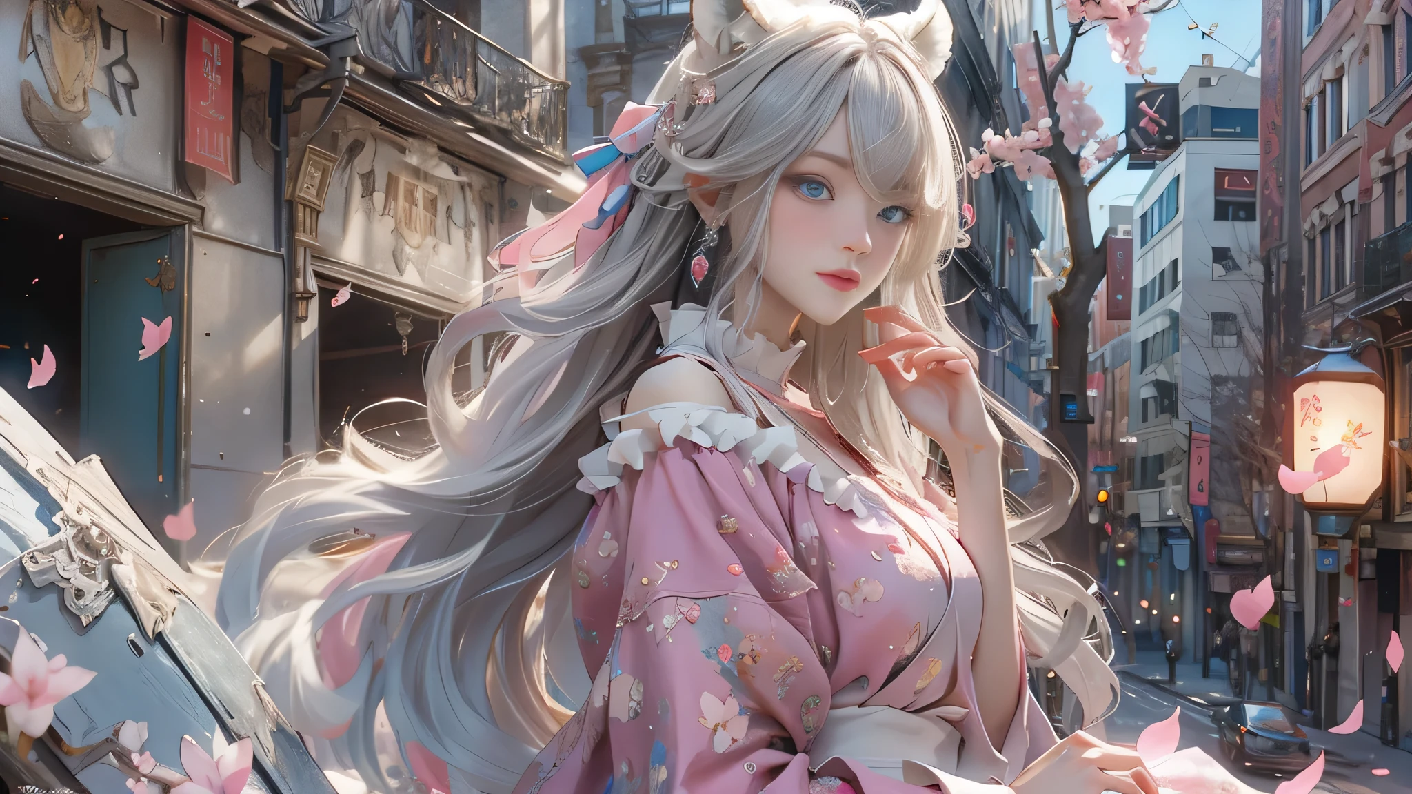 ((best qualtiy)), ((tmasterpiece)), (detail:1.4), Beautiful cyberpunk female images,hdr(HighDynamicRange),Ray traching,NVIDIA RTX,Hyper-Resolution,illusory 5,sub surface scattering,PBR textures,post-proces,Anisotropy Filtering,depth of fields,maximum definition and sharpness,Many-Layer Textures,Albedo e mapas Speculares,Surface coloring,Mitsu-Accurate simulation of material interactions,perfectly proportioned,rendering by octane,Two-colored light,largeaperture,Low ISO,White balance,Rule three points、8K raw data、Beautiful bright blue pupils,off-the-shoulder clothes,Fine pupils,Delicate face and eyes,long eyelasher,Blushlush,Delicate and fluffy hair,pink lip,Pure,Cute face,Sweet girl,Artistic sense,Casual wear,Advancedsense,butterflys,Cherry blossom petal,Beautiful hair accessories,Long hair and waist,Hair fluttering in the wind,Snow-white fox ears,curlies,Snow-white fluffy tail,Positive light,The light from the back window is backlighted