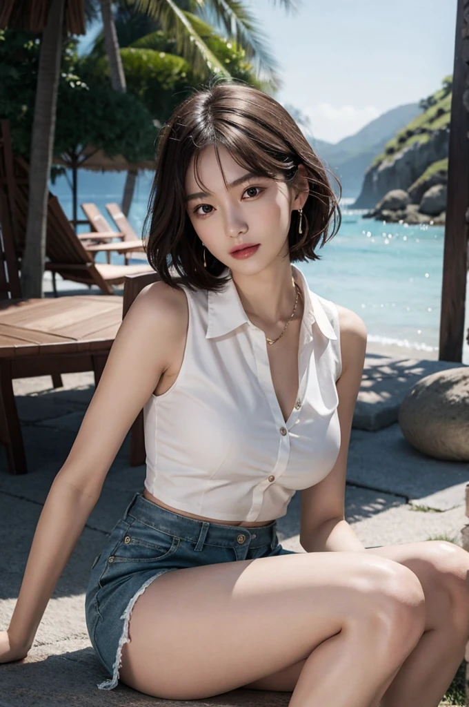 (very huge round breasts, perfect anatomy:1.4), (short hair, wavy hair, full body:1.1), (sleeveless, collared shirt, Beach shorts:1.4), whole body, RAW photo, extremely delicate and beautiful, masterpiece, Best Quality, ultra high resolution, 16k, hyperrealistic, ultra-detailed, Very detailed CG 8k wallpaper, Beautiful Lighting, Perfect Lightning, Realistic Shadows, super Detailed shiny skin, perfect figure, Japanese woman, late 20s, Slim body, Slim abdomen, very small head, handsome detailed woman, very detailed eyes and face, realistic face proportions, Stunning detailed eyes, Realistic beautiful face, very small face, Realistic small beautiful eyes, double eyelids, makeup, tearful mole, mole on chest, earring, bare legs, beautiful and very thin legs, beautiful and very thin thighs, narrow waist, (cleavage, Soft midriff, Fine Collarbone, off-shoulder:0),