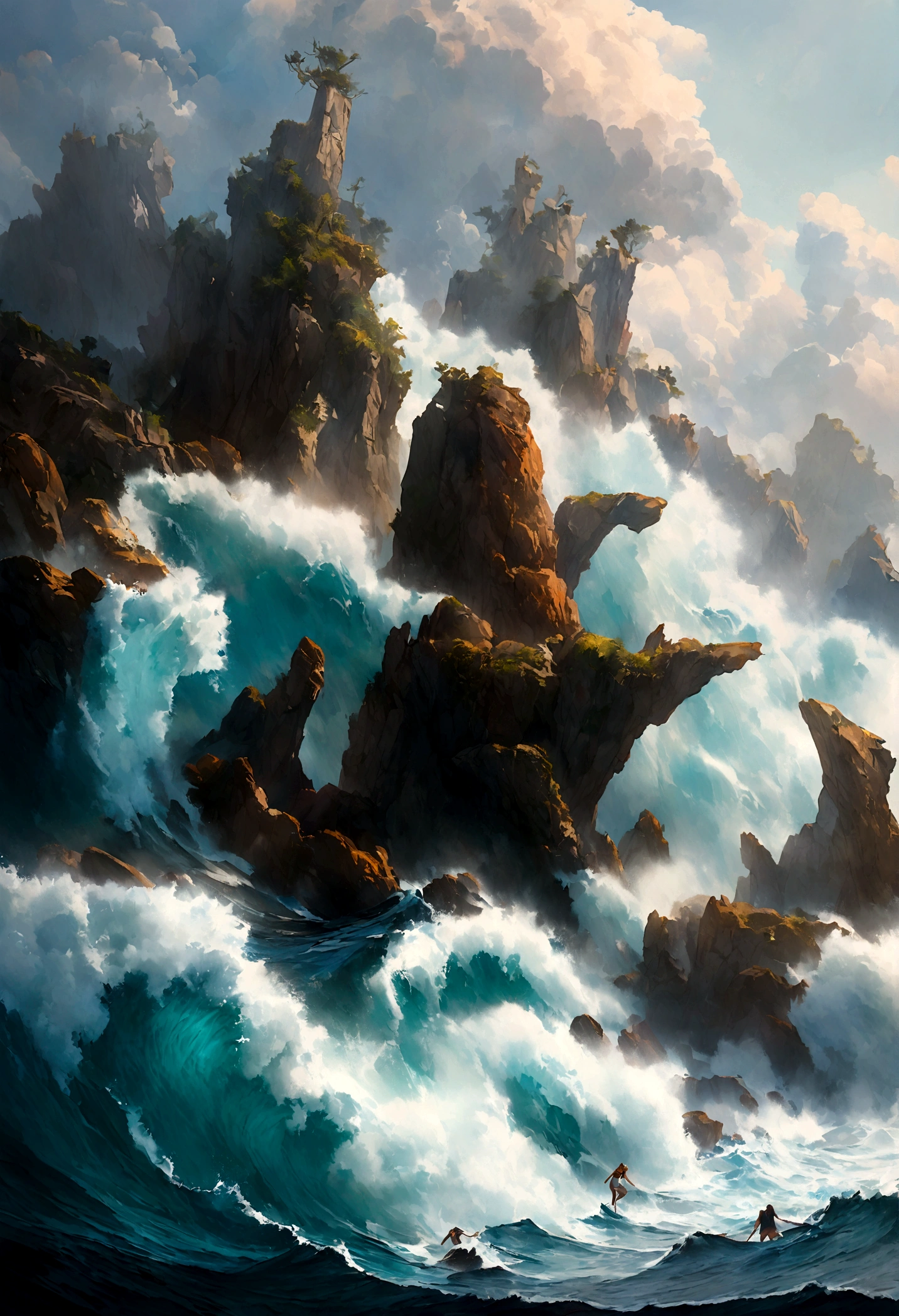 A vibrant marine scene capturing the raw power of the ocean with waves crashing dramatically over rugged reefs.. Cielo nublado crepuscular con matices morados y rosados.. Aguas de mar realistas y formaciones rocosas.. Luces y sombras expresionistas.. Hyperrealistic oil on canvas.. detallado, obra de arte intrincada.