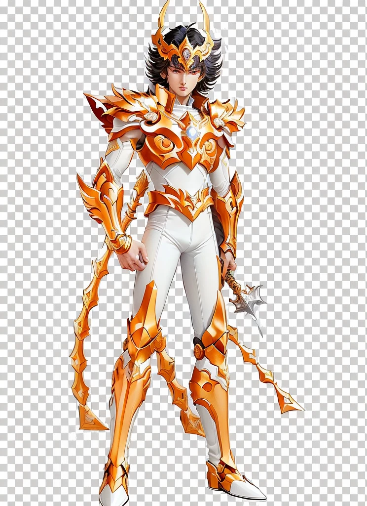 a cartoon of a man in a white and orange outfit holding a sword, saint seiya, human and dragon fusion, unreal engine render saint seiya, official art, full body savage devilman, greek god in mecha style, kentaro miura art style, kentaro miura manga art style, clean cel shaded, knights of zodiac girl