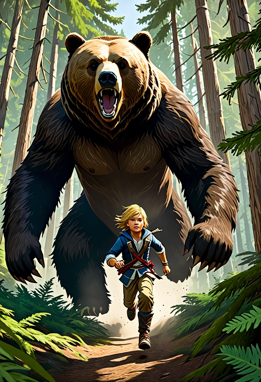 En la imagen, We see a young 10-year-old Edward Kenway running at full speed through a thick coniferous forest. His face reflects fear and determination as he is closely pursued by a towering brown bear.. The bear's dark, shiny fur contrasts with the deep green of the trees and the moss-covered ground.. Broken branches and leaves flying in the air give the feeling of movement and tension in the scene. Edward lleva puesta su camisa blanca y pantalones azules, His hands now dirty and scratched by the desperate race. The sun filtering through the treetops illuminates the scene with a golden light, creando un ambiente de peligro y adrenalina.