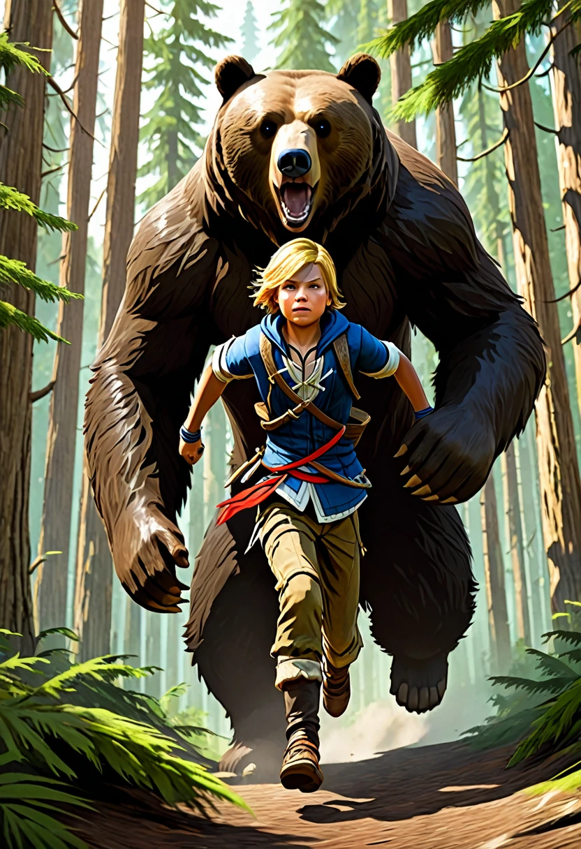 En la imagen, We see a young 10-year-old Edward Kenway running at full speed through a thick coniferous forest. His face reflects fear and determination as he is closely pursued by a towering brown bear.. The bear&#39;s dark, shiny fur contrasts with the deep green of the trees and the moss-covered ground.. Broken branches and leaves flying in the air give the feeling of movement and tension in the scene. Edward lleva puesta su camisa blanca y pantalones azules, His hands now dirty and scratched by the desperate race. The sun filtering through the treetops illuminates the scene with a golden light, creando un ambiente de peligro y adrenalina.