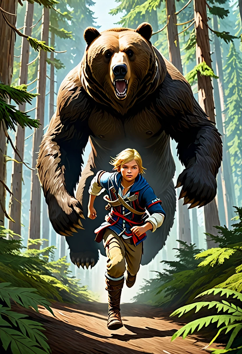 En la imagen, We see a young 10-year-old Edward Kenway running at full speed through a thick coniferous forest. His face reflects fear and determination as he is closely pursued by a towering brown bear.. The bear&#39;s dark, shiny fur contrasts with the deep green of the trees and the moss-covered ground.. Broken branches and leaves flying in the air give the feeling of movement and tension in the scene. Edward lleva puesta su camisa blanca y pantalones azules, His hands now dirty and scratched by the desperate race. The sun filtering through the treetops illuminates the scene with a golden light, creando un ambiente de peligro y adrenalina.