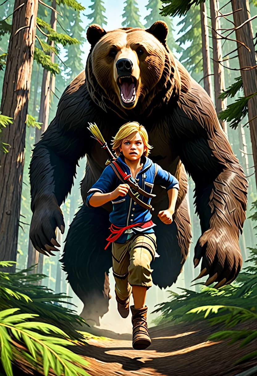 En la imagen, We see a young 10-year-old Edward Kenway running at full speed through a thick coniferous forest. His face reflects fear and determination as he is closely pursued by a towering brown bear.. The bear&#39;s dark, shiny fur contrasts with the deep green of the trees and the moss-covered ground.. Broken branches and leaves flying in the air give the feeling of movement and tension in the scene. Edward lleva puesta su camisa blanca y pantalones azules, His hands now dirty and scratched by the desperate race. The sun filtering through the treetops illuminates the scene with a golden light, creando un ambiente de peligro y adrenalina.