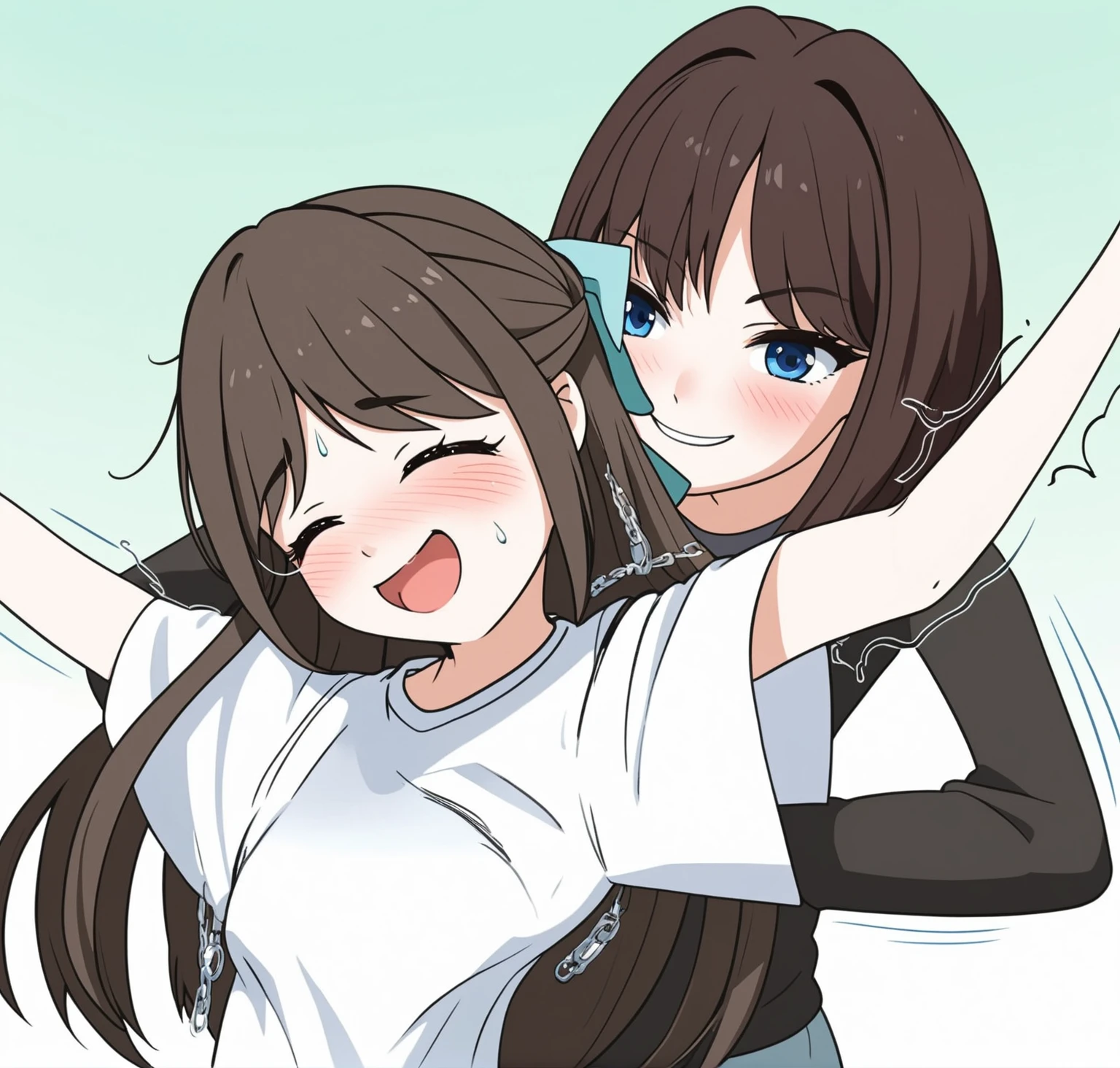 two extremely delicate and beautiful girls,Girl in white shirt raising her arms,The other girl put her hand into the sleeve of the girl in the white shirt with a sly smile,(laughing:1.4),(big mouth:1.1),open mouth,happy,(frown:1.3),crazy smile,(pain face:1.2),blush,tears,sweat,(tickling armpits),((trembling)),(((masterpiece))), (((best quality))), (official art), ((extremely detailed CG unity 8k wallpaper)), (Best character details), ((ultra-detailed)), (illustration), (dynamic angle),