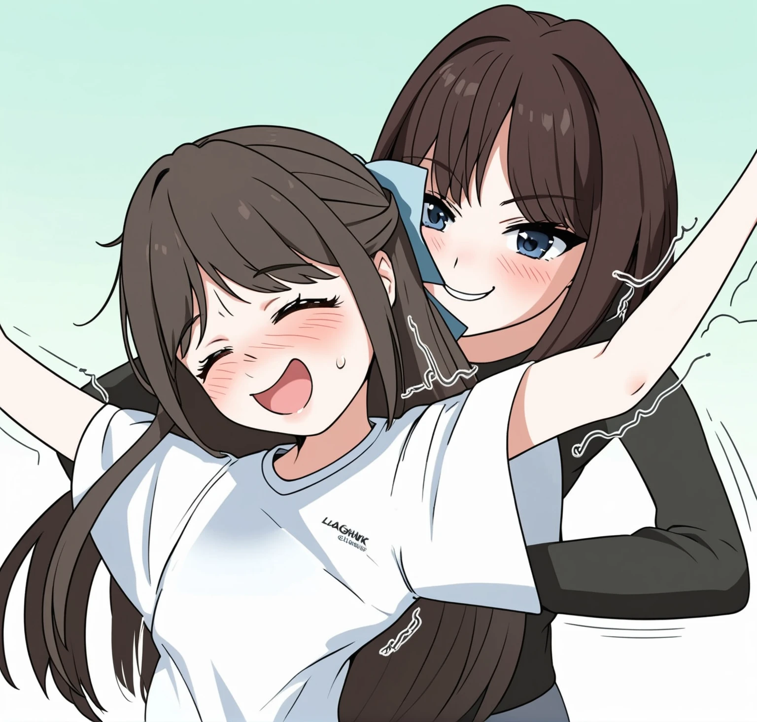 two extremely delicate and beautiful girls,Girl in white shirt raising her arms,The other girl put her hand into the sleeve of the girl in the white shirt with a sly smile,(laughing:1.4),(big mouth:1.1),open mouth,happy,(frown:1.3),crazy smile,(pain face:1.2),blush,tears,sweat,(tickling armpits),((trembling)),(((masterpiece))), (((best quality))), (official art), ((extremely detailed CG unity 8k wallpaper)), (Best character details), ((ultra-detailed)), (illustration), (dynamic angle),