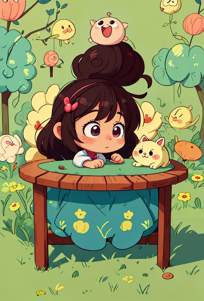 there is a  that is sitting at a table with a bunch of stuff, cute cartoon character, cute digital art, realistic cute girl painting, cartoonish cute, cute detailed digital art, cute art style, adorable digital painting, cute cartoon, cute kawaii girl, cute cartoon style, small  girl, cute character, cute artwork