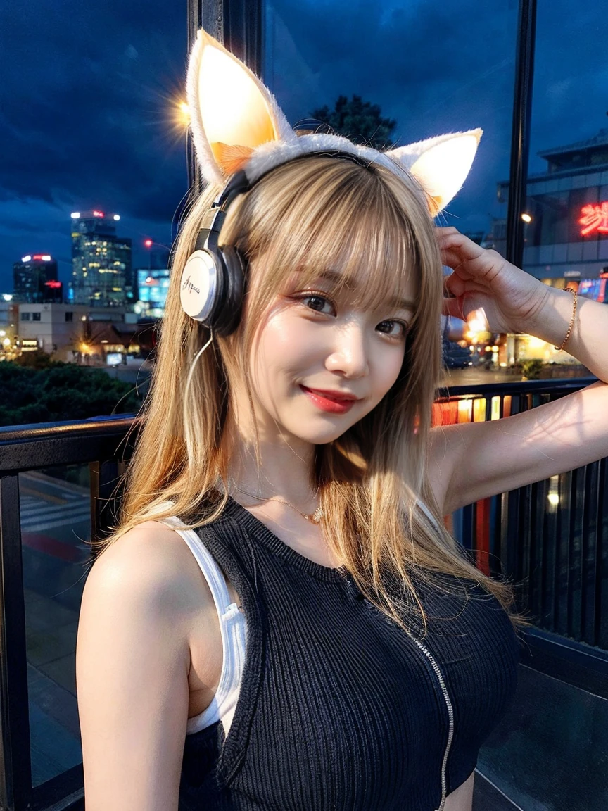 最high quality, masterpiece, 32k、Very detailed、Realistic、1 girl, Japanese women、big 、big Breasts、bigおっぱい、Cute Face, (photo Actual:1.3),Bob Hair(Golden hair color、Blonde Hairstyles)、Edge lighting, (Skin with attention to detail:1.2), 8k超High resolution, Single-lens reflex camera, high quality, High resolution, 4K, 8k, Optimal ratio of four fingers to one thumb, (Actual:1.3), cute 1 girl, Realistic、Super Realistic、32k、Very detailed、masterpiece, 最high quality, beautiful girl, beauty、Mecha, Beautiful lighting, (Neon Light:1.2), (night:1.5), Sexy K-Pop Idol Costumes、Sexy and attractive sleeveless clothing、Shorts、big Breasts(big 、There is a valley)、Colorful cat ears microphone headphones(Headphones Gaming Headgear with Microphone、Head Fan)、Are standing、Cyber Neon、Future City、Skyscraper、都会のnight、Fukuoka Nakasu、big cities、night景、綺麗なnight景