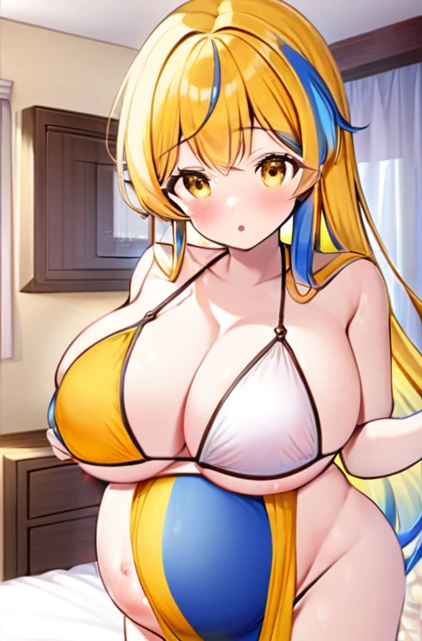Pregnant women,Pregnant belly,Multiple births,bikini,Big Breasts,Yellow and blue hair,Hair Gradient,Long Hair