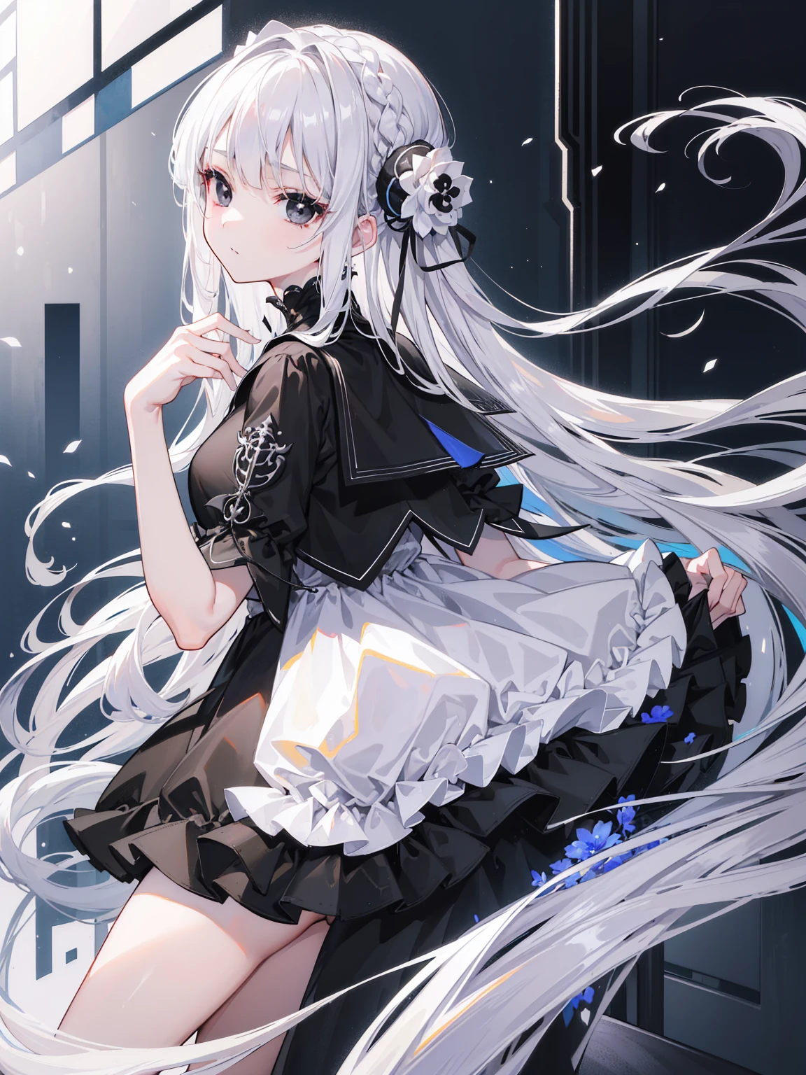 (Top image quality)、(Ultra Detailed)、(Facing forward)、top quality、masterpiece、(((1 girl)))、Silver Hair、white hair、((Long hair))、(black eyes:1.6)、(Fu Xuan:1.0)