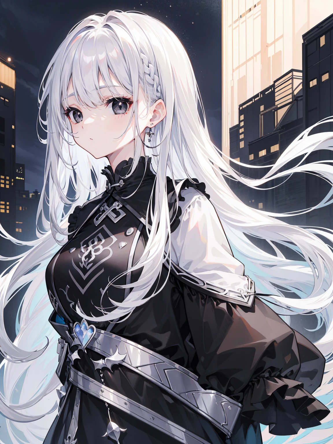 (Top image quality)、(Ultra Detailed)、(Facing forward)、top quality、masterpiece、(((1 girl)))、Silver Hair、white hair、((Long hair))、(black eyes:1.6)、(Fu Xuan:1.0)