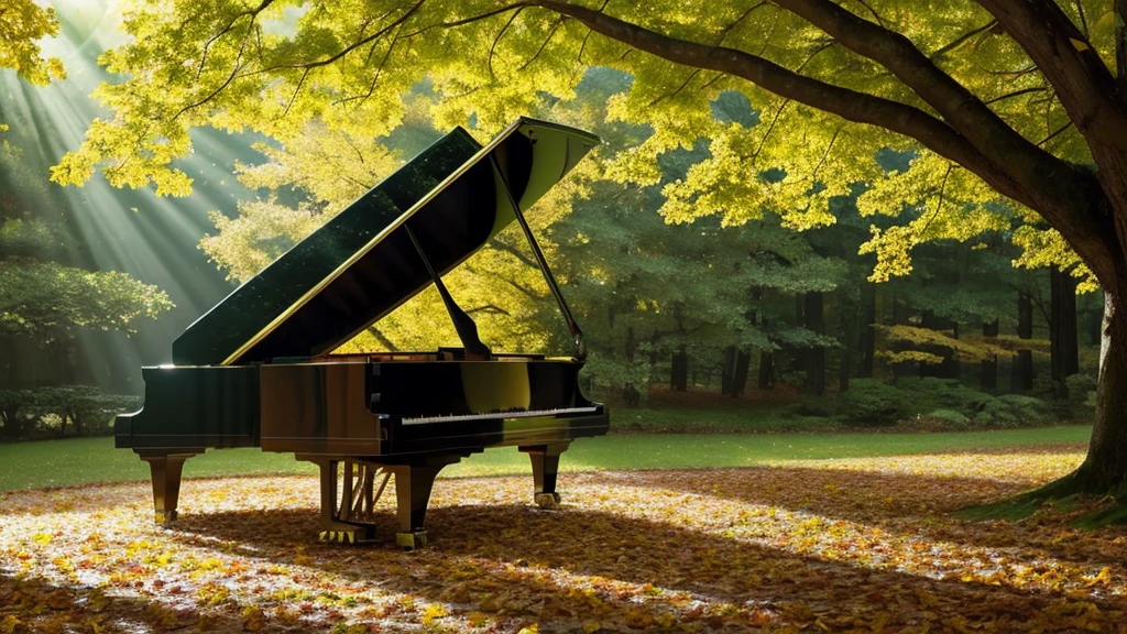 A grand piano placed in a forest of green autumn leaves with sunlight filtering through the trees、The soft sunlight filtering through the trees makes it sparkle.、One grand piano、There is no one、With Makoto Shinkai-esque illustration touch、Rough anime style