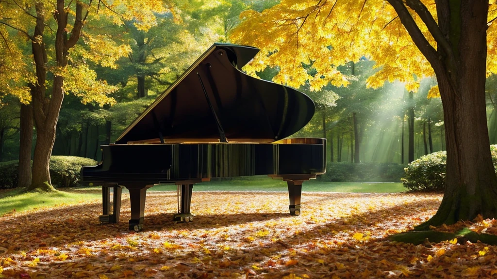 A grand piano placed in a forest of green autumn leaves with sunlight filtering through the trees、The soft sunlight filtering through the trees makes it sparkle.、One grand piano、There is no one、With Makoto Shinkai-esque illustration touch、Rough anime style