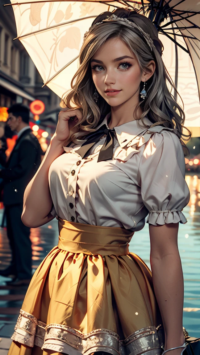 Claude Monet 、Dolceacqua Bridge、Prill umbrella skirt、A Caucasian woman wearing a high-necked ribbon blouse、Silver Hair、blue eyes、Wavy Hair、smile
