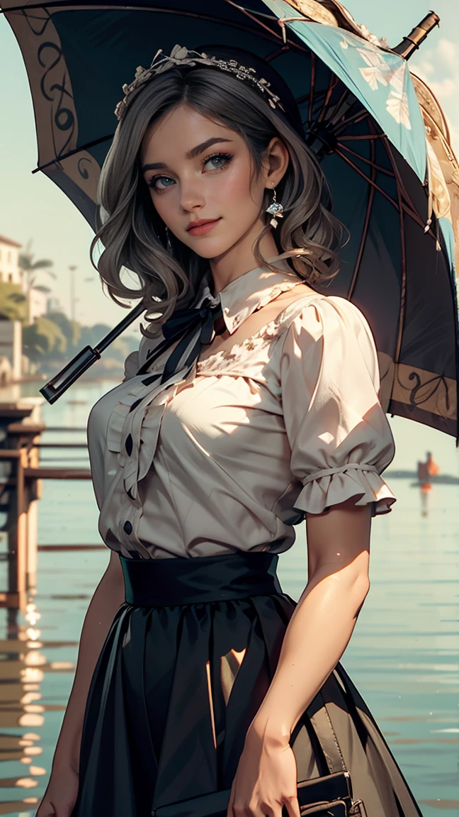 Claude Monet 、Dolceacqua Bridge、Prill umbrella skirt、A Caucasian woman wearing a high-necked ribbon blouse、Silver Hair、blue eyes、Wavy Hair、smile
