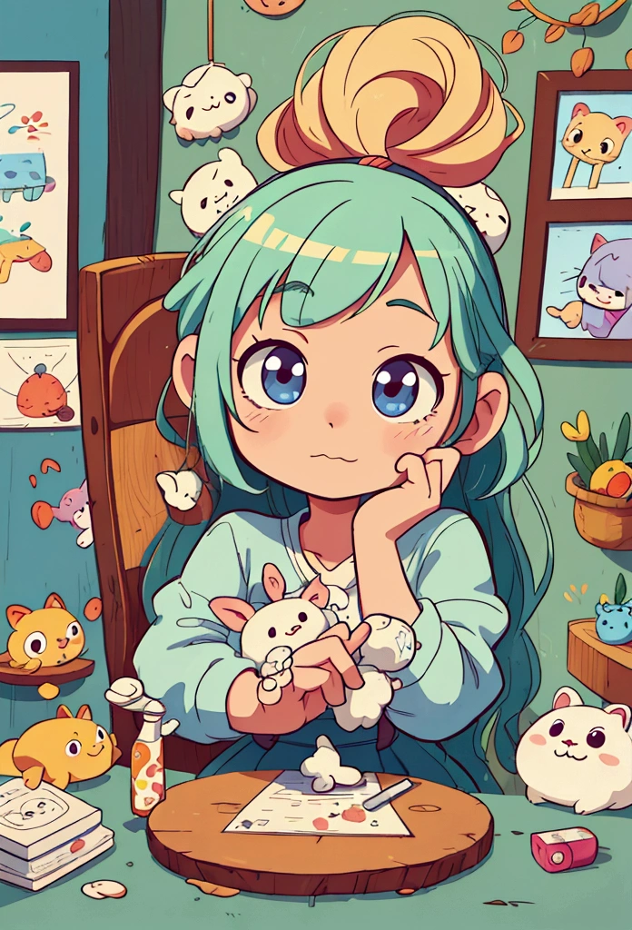 there is a that is sitting at a table with a bunch of stuff, a drawing by Li Song, trending on cg society, process art, cute cartoon character, cute digital art, realistic cute girl painting, cartoonish cute, cute detailed digital art, cute art style, adorable digital painting, cute cartoon, cute kawaii girl, cute cartoon style