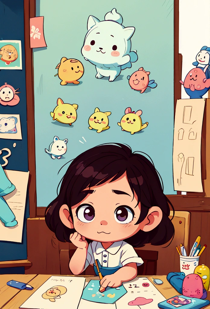 there is a that is sitting at a table with a bunch of stuff, a drawing by Li Song, trending on cg society, process art, cute cartoon character, cute digital art, realistic cute girl painting, cartoonish cute, cute detailed digital art, cute art style, adorable digital painting, cute cartoon, cute kawaii girl, cute cartoon style
