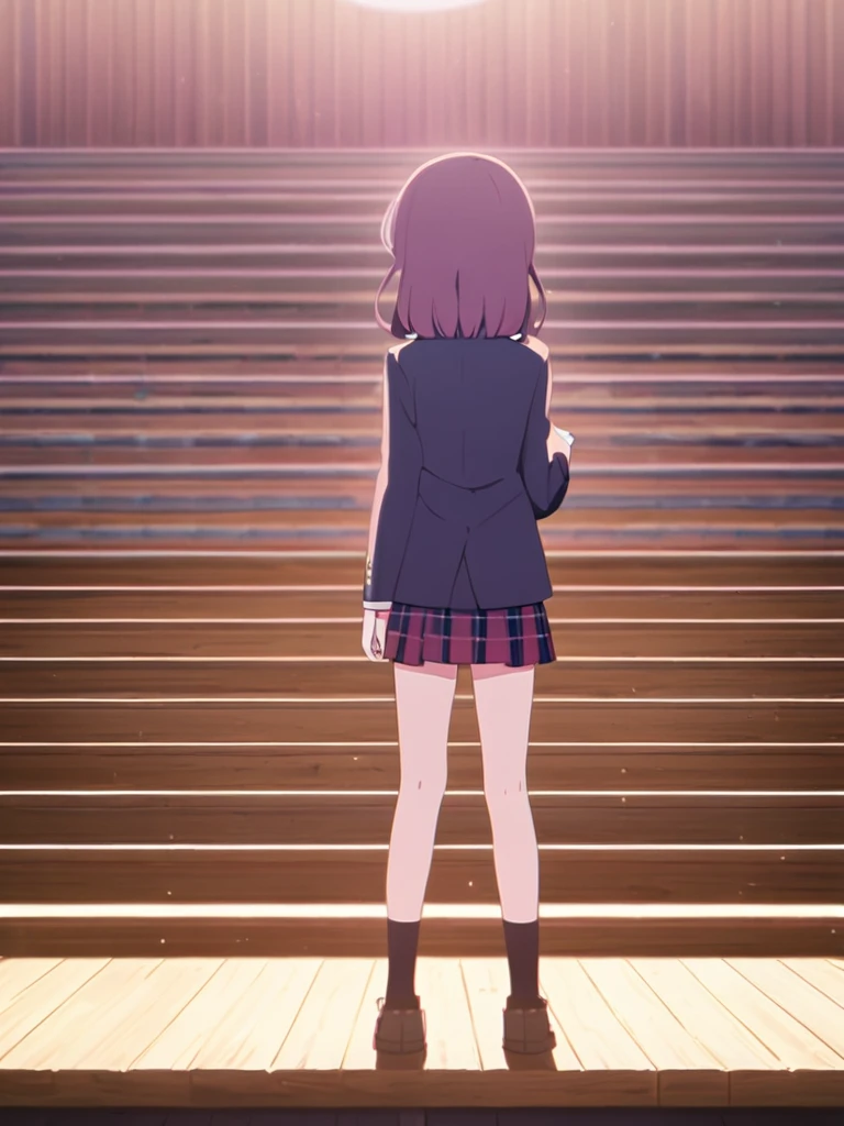One girl、Standing on a wooden stage、Wearing 、blazer、shirt、skirt、Dark pink hair、blue eyes、Attention posture、blazerを脱いでいる