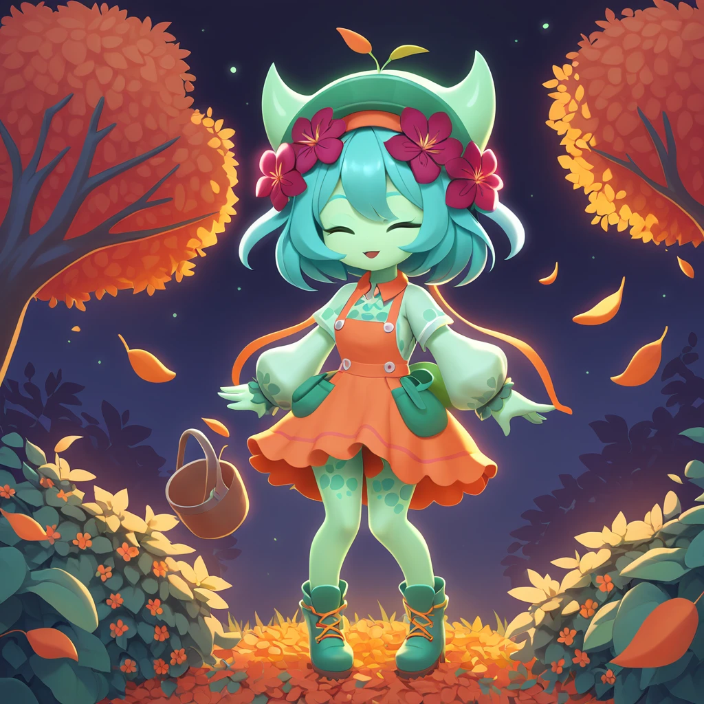 A blue-green skinned Alraune monster girl with maroon flower bulbs and orange leaves on their head eyes closed and dressed in a gardener's outfit in the garden at night