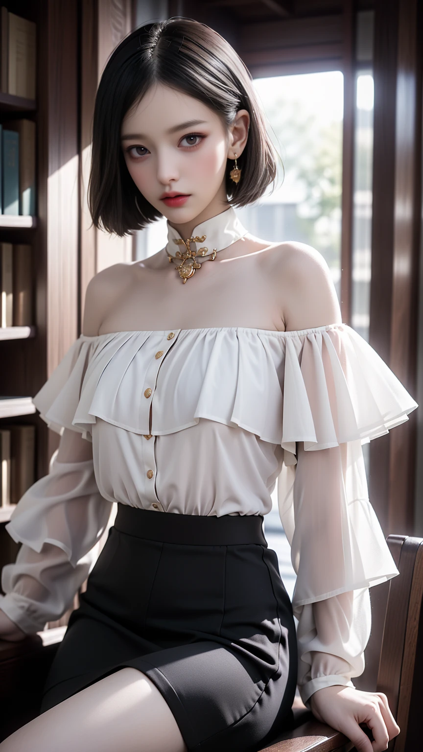 Girl with short ponytail wearing formal suit lying on restaurant table, Clear Eyes, Perfect body, (Looking down at the viewer:0.8), (Purelos Face_v1:0.2), Removable sleeves, Open your mouth, bangs, One girl, Shiny skin, (masterpiece;1.0), (Realistic:1.4), (Sharp focus:1.2),