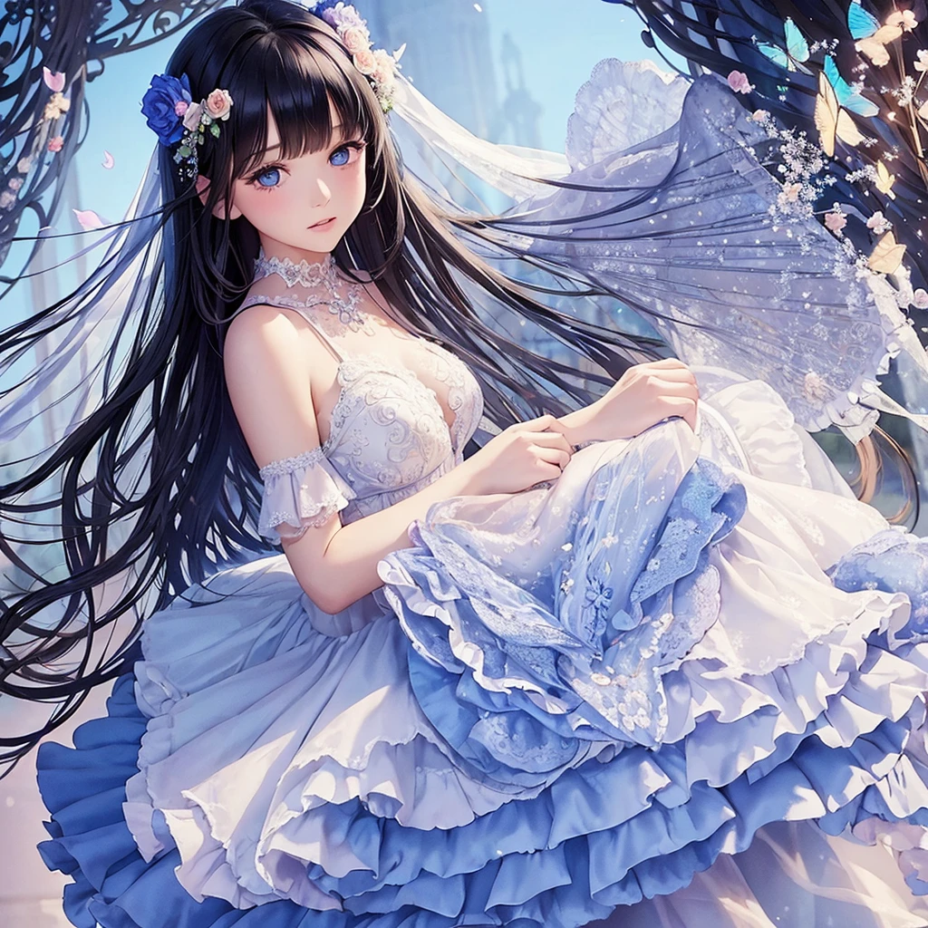Beautiful girl in long frill lace wedding fairy costume, Surrounded by flowers and butterflies. Black hair, round bangs, deep blue eyes. content: watercolor painting. styles: Capricious and delicate, Like illustrations in children's books.