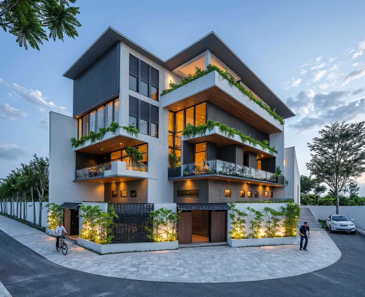 Masterpiece, high quality, best quality, authentic, super detail, outdoors, onestoreyofficeXL, aiaigroup, villa style modern on the garden ,stairs, white wall , road,pavement, grass, trees, sky, cloud, (nightlight:1.1), random style color exterior