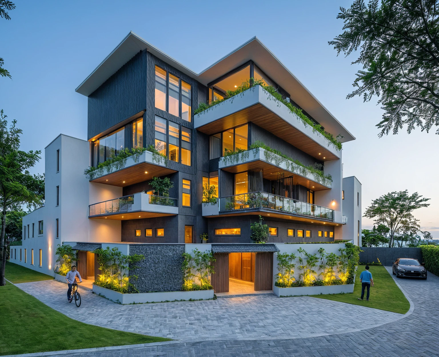 Masterpiece, high quality, best quality, authentic, super detail, outdoors, onestoreyofficeXL, aiaigroup, villa style modern on the garden ,stairs, white wall , road,pavement, grass, trees, sky, cloud, (nightlight:1.1), random style color exterior