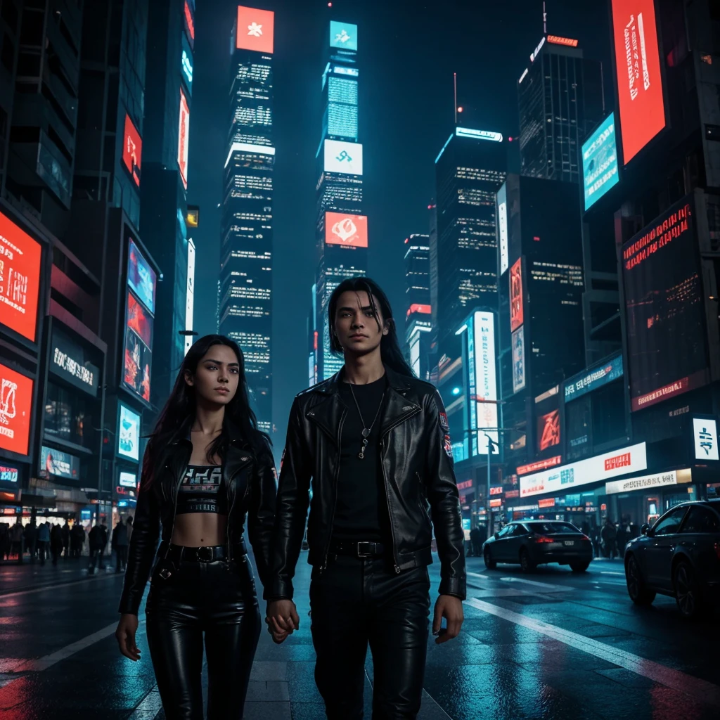 “It portrays Eva and Leo, two characters in a cyberpunk environment. Eva is a young woman with long dark hair, deep and expressive eyes, and an upright posture, reflecting determination and bravery. Leo is a man with a strong and athletic appearance, with short dark hair and scars that mark his face, his eyes reflect experience and wisdom.
They are holding hands and facing each other, in the middle of the ruins of a futuristic city illuminated by neon lights. Around them, holographic screens and illuminated advertisements flash, while drones patrol the night sky. The scene must capture both the technological tension of the cyberpunk world and the human and emotional connection between Eva and Leo. The night breeze caresses their faces, and the lights of the skyscrapers reflect in their eyes, symbolizing hope and challenge.”