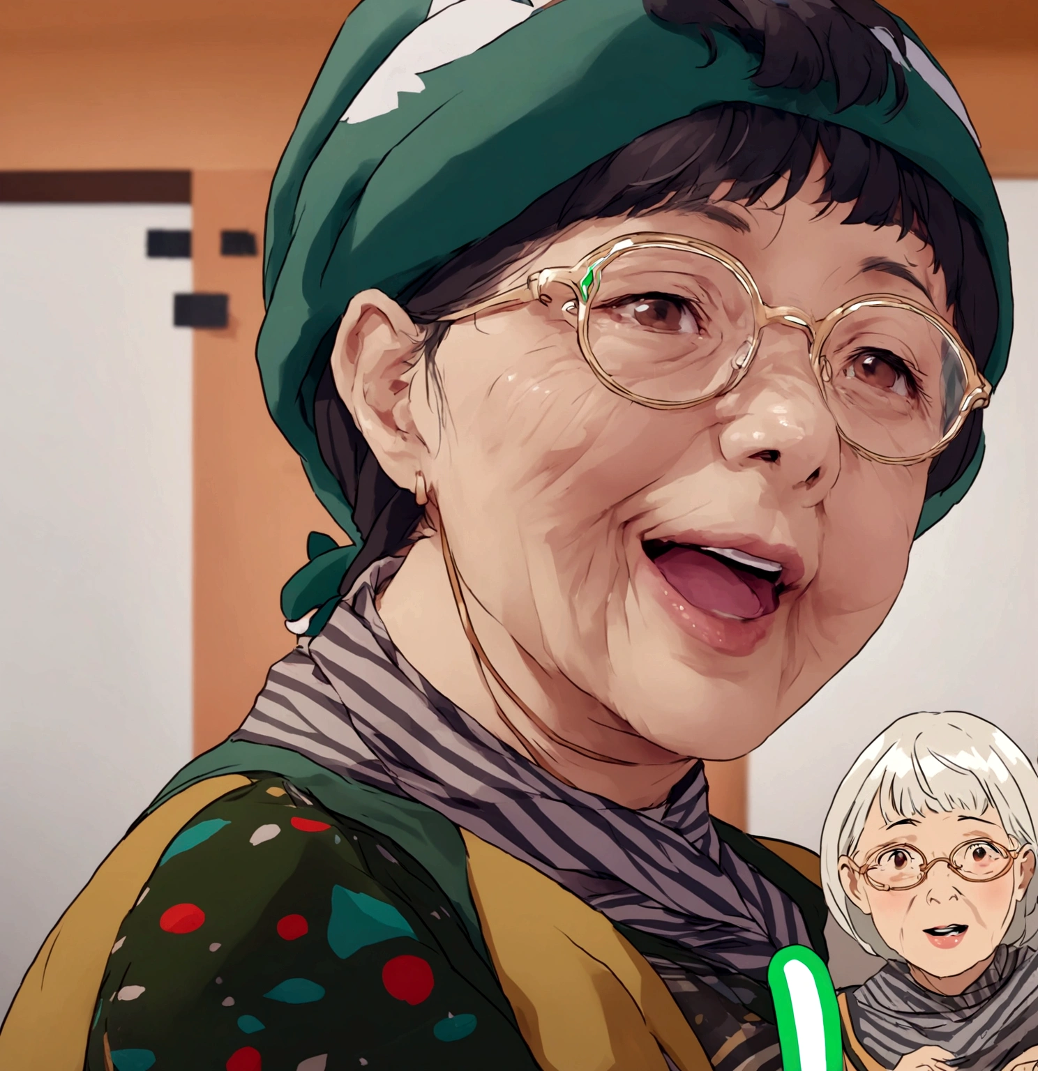 Change the photo in the image prompt to an illustration of a 50-year-old woman