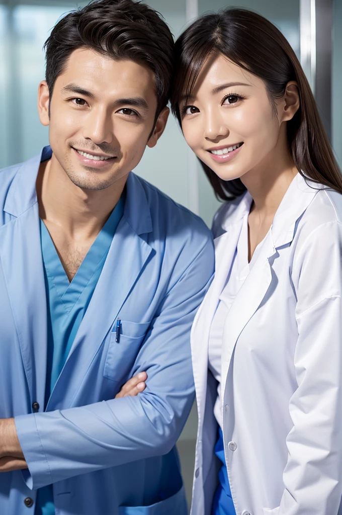 Male dentist and female dental hygienist　２people　A good business partner　No mask　日本people系　Wearing a lab coat　Wearing medical scrubs　Upper body close-up　high resolution　high resolution　highest quality